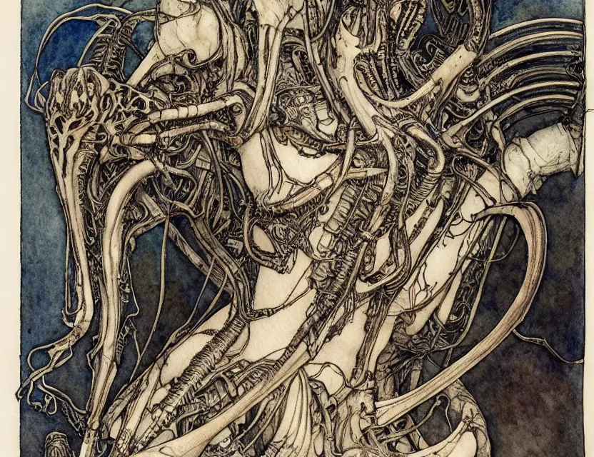 Prompt: a detailed, intricate watercolor and ink art nouveau portrait illustration with fine lines of h. r. giger's xenomorph, by arthur rackham and edmund dulac and lisbeth zwerger and alphonse mucha