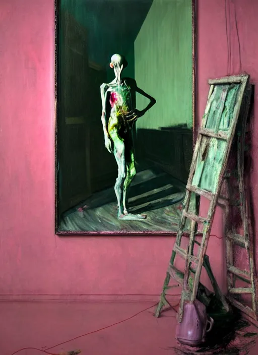 Prompt: an insane, skinny, artist wearing dirty, torn overalls, expressive painting the walls inside a grand messy studio, depth of field, hauntingly surreal, highly detailed painting by francis bacon, edward hopper, adrian ghenie, glenn brown, soft light 4 k in pink, green and blue colour palette, highly detailed, cinematic composition, unreal engine render,