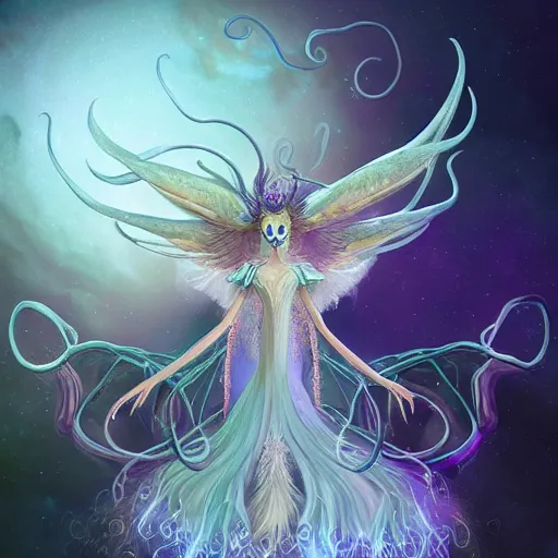 Prompt: an ethereal alien star poodle moth druid with tentacle arms, wearing a massive magically imbued ethereal elven ball gown made from clouds and peacock feathers, with fairy lights inside the clouds like stars, cloud shaped mage robes, fantasy, proper anatomy, fantasy art, in the style of the dragon prince on netflix