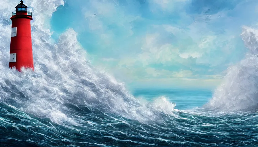 Image similar to a lighthouse being struck by a huge wave out at sea, digital art, highly detailed, realistic, bright colors, 8 k