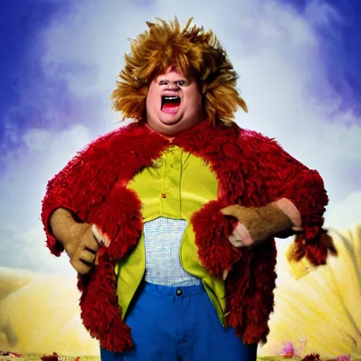 Image similar to snl chris farley as the cowardly lion of oz, studio poster photography, trending on artstation, featured on deviantart, award winning costume