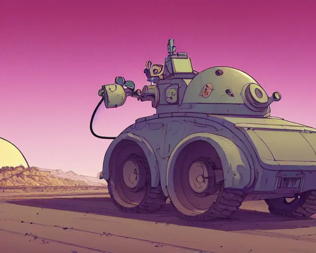 Image similar to a study of cell shaded cartoon of a mechanized snail on a desert road, in front of a big moon illustration, wide shot, muted colors, post grunge, concept art by josan gonzales and wlop, david rubin, mike mignola, laurie greasley, highly detailed, sharp focus, trending on artstation, hq, deviantart, art by artgem