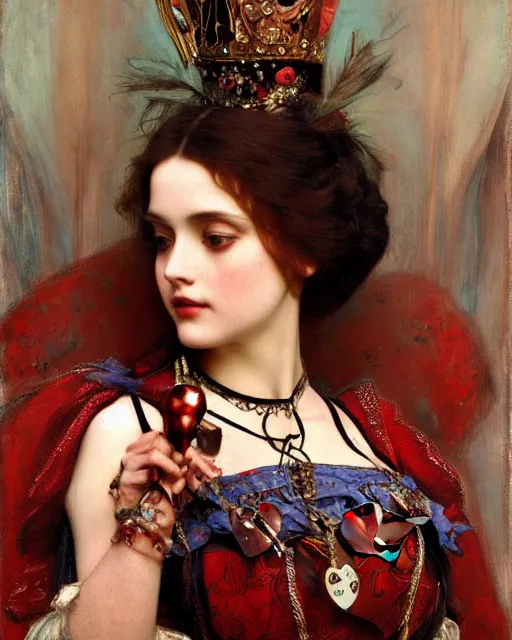 Prompt: 'queen of hearts' from 'alice in wonderland', intricate portrait by john william waterhouse and Edwin Longsden Long and Theodore Ralli and Henryk Siemiradzki, very coherent symmetrical artwork. Cinematic, hyper realism, high detail 8k