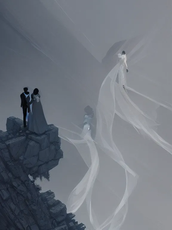 Prompt: bride and groom, high symmetry, intimacy, realism, intricate abstract, elegant, looking down a cliff, short perspective, neutral colors, dark lighting, by artstation, by greg rutkowski