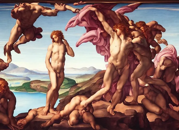 Prompt: Evelyn De Morgan, michelangelo's The Creation of Adam masterpiece, highly detailed, beautiful, epic lighting, wide angle, trending on ArtStation, ultra realistic