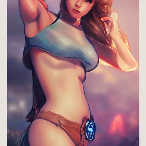 Prompt: beautiful gamer girl in daisy dukes on the beach making eye contact drawn by artgerm