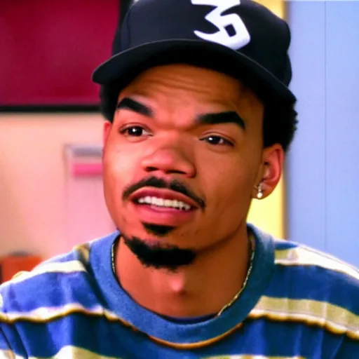 Image similar to a tv still of Chance The Rapper starring as a black college student at Jones College Prep in a 1993 sitcom