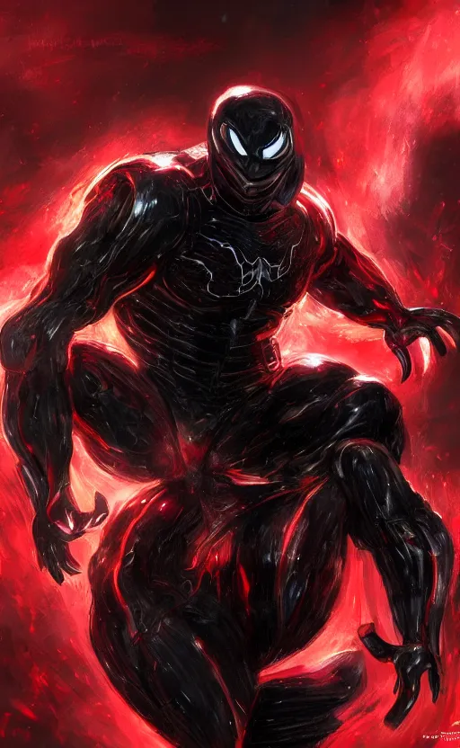 Image similar to venom in a venom inspired ironman suit, black and red, dynamic lighting, photorealistic fantasy concept art, trending on art station, stunning visuals, terrifying, creative, cinematic