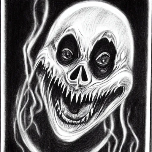 Prompt: pencil drawing of terrifying black ghost shouting, scaring, horror, nightmare, panic, aggresive strokes