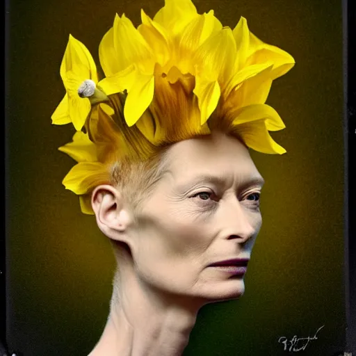 Image similar to medium shot, tilda swinton face fused with daffodil, head covered with leaves, inside the flower, daffodils field, highly detailed, shallow depth, bokeh, codachrome, polaroid, unreal engine, 3 d art, digital art, painting by greg rutkowski