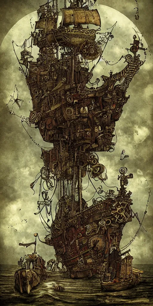 Image similar to a detailed digital painting of a steampunk pirate ship by alexander jansson