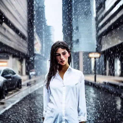 Prompt: a beautiful photo of a young woman in a white shirt in the rain outside in the street in a cyberpunk city