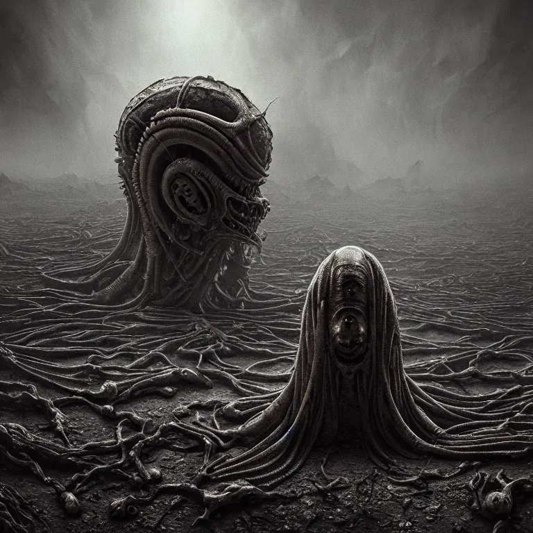 Image similar to ribbed abandoned alien, baroque painting, standing in a desolate empty wasteland, creepy, nightmare, dream-like heavy atmosphere, surreal abandoned buildings, beautiful detailed intricate insanely detailed octane render trending on Artstation, 8K artistic photography, photorealistic, chiaroscuro, Raphael, Caravaggio, Beksinski, Giger