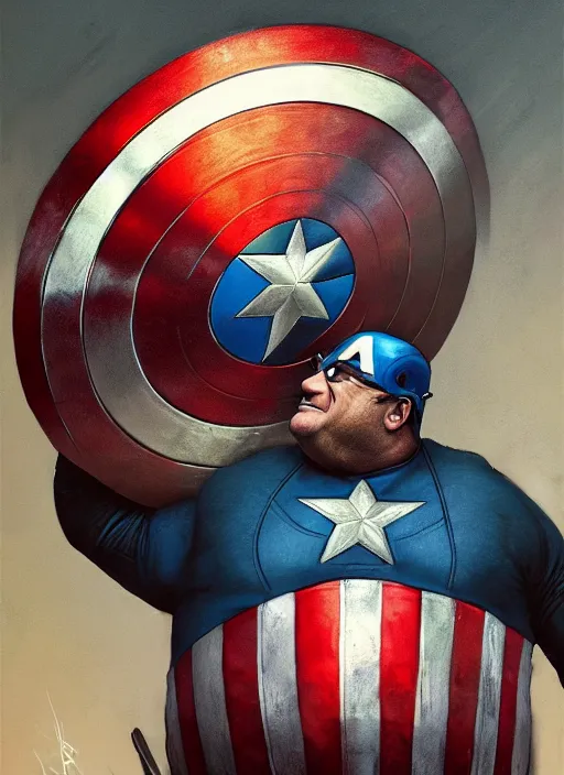 Image similar to Portrait of Fat Danny Devito with his belly sticking out as Captain America, He is Holding his shield while posing, realistic, detailed, 4k by Greg Rutkowski Mark Arian trending on artstation