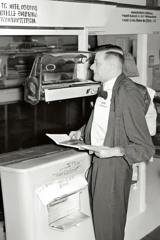 Prompt: a 5 0's mailman at the counter