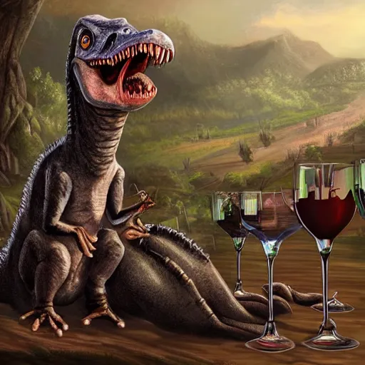 Prompt: two csotonyi paleoart jurrasic park raptor toasting glass of wine, wide shot paintingartstation deviantart hires uhq 8 k