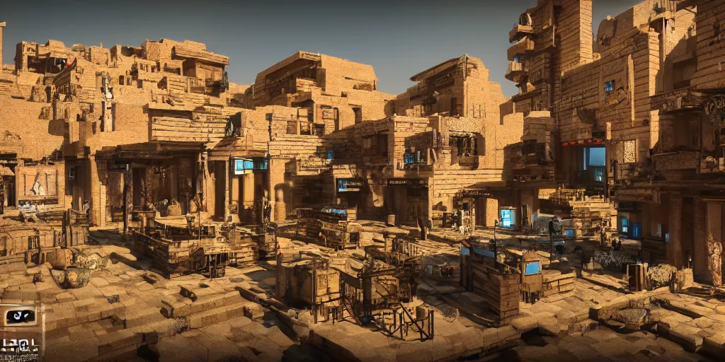 Prompt: a cyberpunk village with nabatean architecture, highly detailed, 4k, 3D render, unreal engine 5, raytracing, HDR, award winning