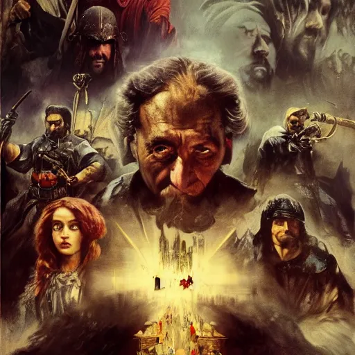 Prompt: Movie poster of Lino Banfi, Highly Detailed, Dramatic, Heroes, A master piece of storytelling, wide angle, cinematic shot, highly detailed, cinematic lighting, by frank frazetta + ilya repin , 8k, hd, high resolution print