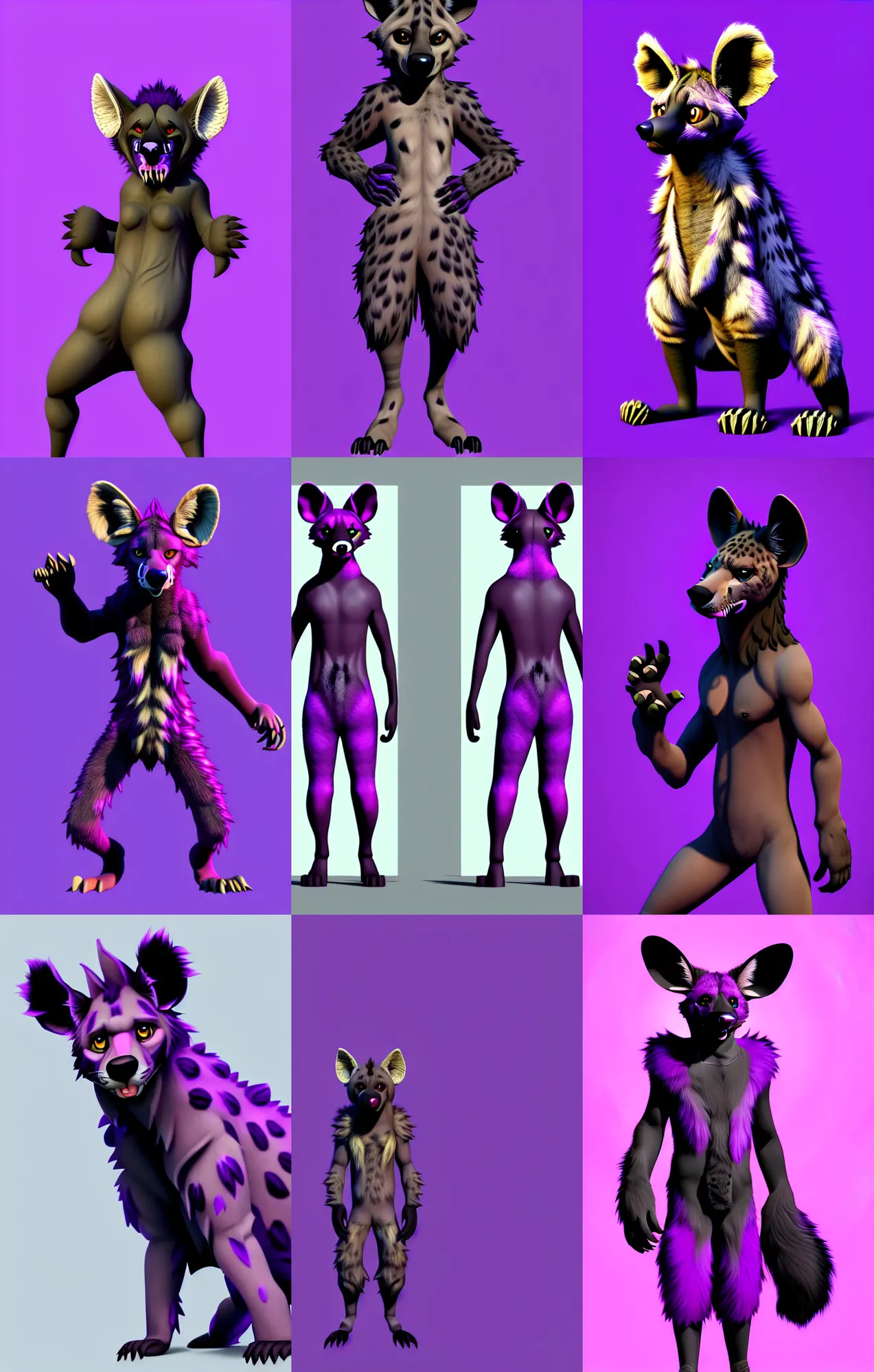 Prompt: a full - body centered front - perspective furry male fursona portrait, a male hyena fursona, purple and black fur color scheme, natural background, trending on weasyl, painted in zbrush, high - resolution, godrays, photorealistic