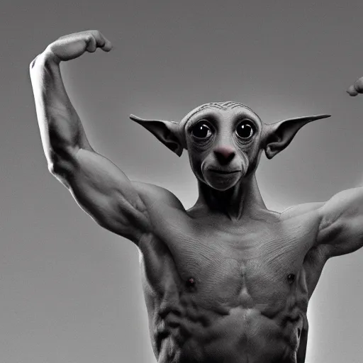 Image similar to Dobby is a jacked muscle builder gigachad, grayscale photography