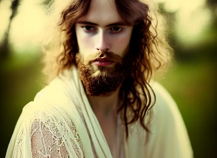 Image similar to portrait photography of a beautiful man how pre-Raphaelites beauty type in style of Nicolas False, britt marling style 3/4 , he has a short beard, golden blond hair, beautiful ethereal lace white robes, 8K, soft light, volumetric lighting, highly detailed Realistic, Refined, Highly Detailed, natural outdoor soft pastel lighting colors scheme, outdoor fine art photography