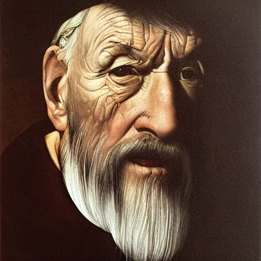 Image similar to hyper realistic portrait of a old man of the 16th century , drammatic Light , Art by Caravaggio