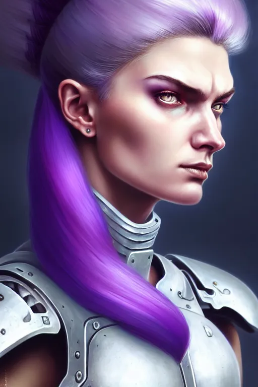 Image similar to alexey gurylev, close up portrait, pale woman in power armor with purple ponytail hair, stoic, focused, powerful, d & d, fantasy, complex, elegant, highly detailed, digital painting, artstation, concept art, matte, clear focus, illustration, hearthstone, artgerm art, greg rutkovsky and alphonse mucha