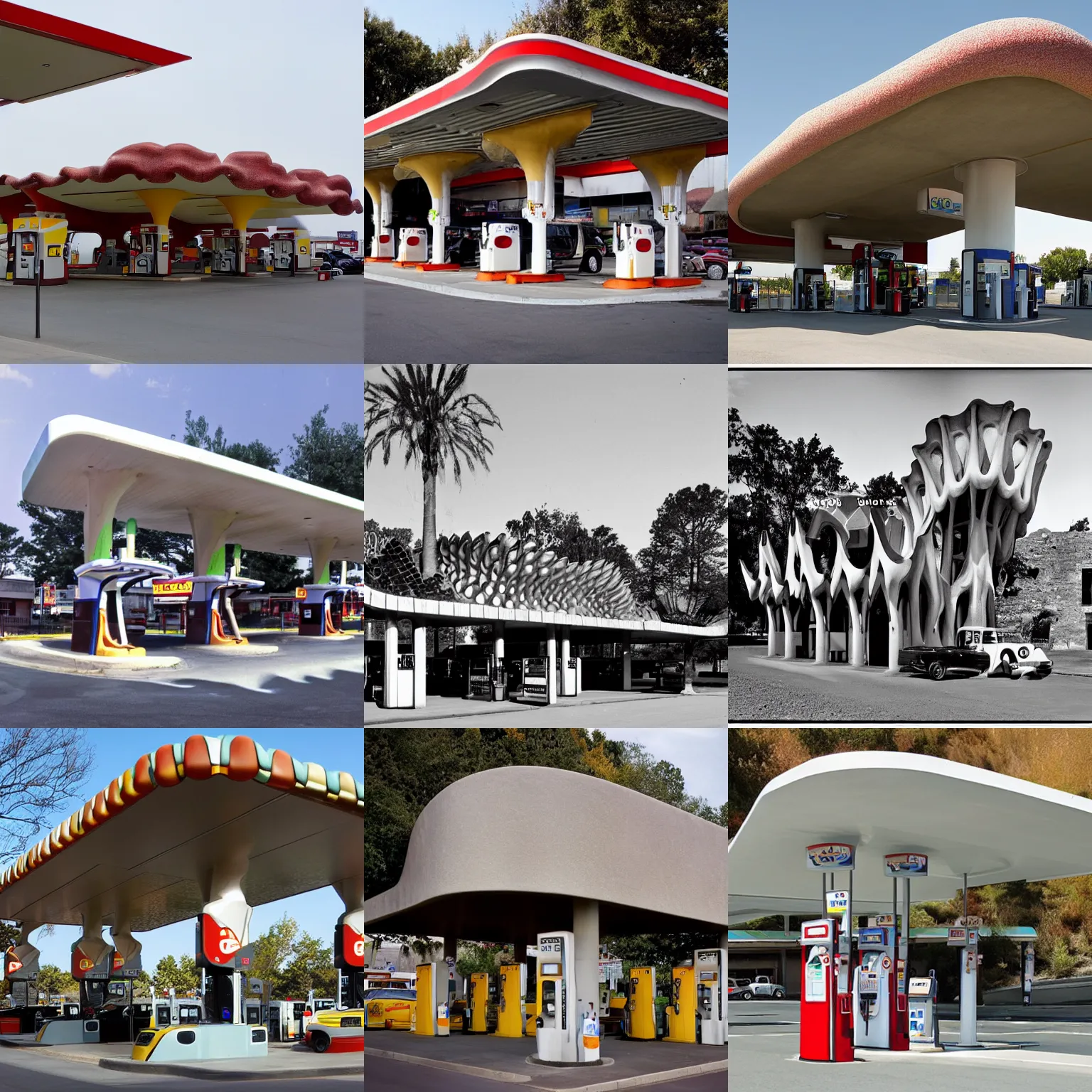 Prompt: gas station, designed by antoni gaudi