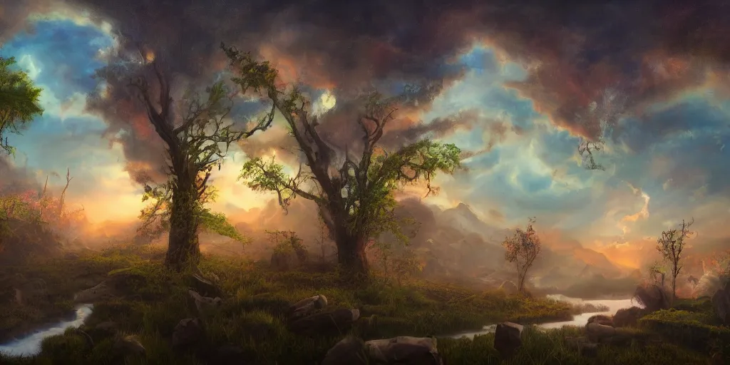 Prompt: A surreal dream landscape, happy, cinematic lighting, detailed oil painting, 8k