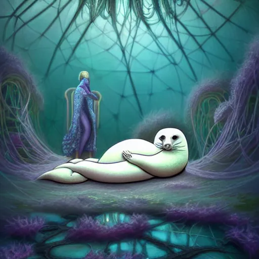 Image similar to beautiful digital fantasy illustration of a Prince in pastel!!!, whimsical acrylic modern pop surrealism, Even Giger-y dark overlords living in the ruins of an ancient system of tunnels and caves like to be comfy every once in a while!, A seal sleeping peacefully in a kelp forest, highly detailed, soft lighting, rendered in octane, masterpiece, very very very aesthetic