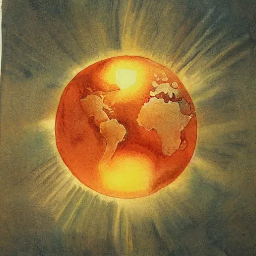 Image similar to a chinese watercolor painting of the earth and the sun fighting each other