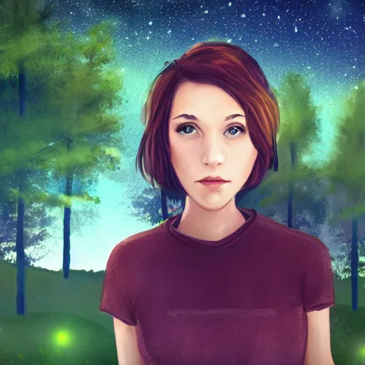 Image similar to an hd photo of a young woman with short brown hair and green eyes, beautiful trees in the background, night sky with stars and galaxies, trending on artstation