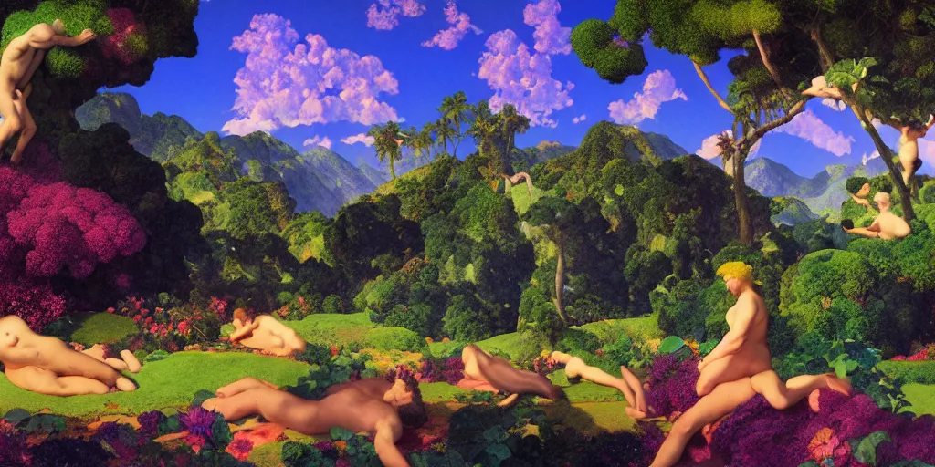 Image similar to a landscape of the Garden of Eden by Maxfield Parrish in a vaporwave style, digital art 8k