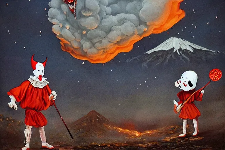 Image similar to pennywise as pulcinella!!! holding a large pizza!!, volcano in background, dark sky, smoke, glowing pools of lava, an ultrafine detailed painting by joe fenton, full body, wide angle, post - apocalyptic vibe, pop surrealism, sharp focus, whimsical, lowbrow, perfect symmetrical face, masterpiece, hyperrealistic, trending on deviantart