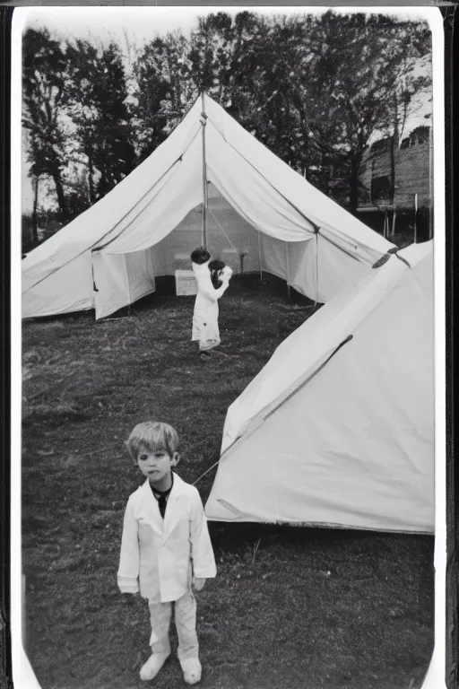 Image similar to photo polaroid of a sad and lonely child in a white coat and barefoot stands in the middle from behind the camera many big tents of field hospitals, pandemic, covid, loneliness, black and white ,photorealistic, 35mm film,