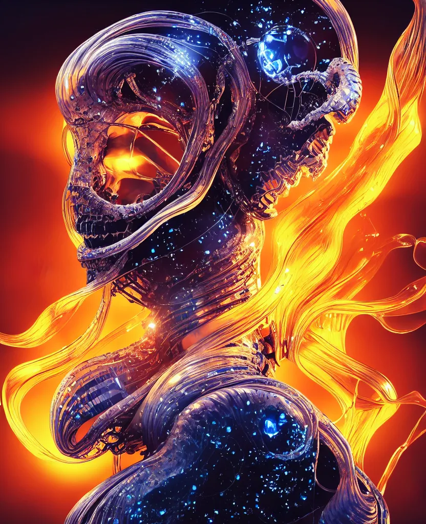 Prompt: close-up portrait of the face of a beautiful princess in a twisted glass mask in a spaceman suit surrounded by energy flow, epic angle and pose, symmetrical artwork, 3d with depth of field, blurred background, floating jellyfish skull phoenix bird, translucent, nautilus, energy flows of water and fire. a highly detailed epic cinematic concept art CG render. made in Maya, Blender and Photoshop, octane render, excellent composition, cinematic dystopian brutalist atmosphere, dynamic dramatic cinematic lighting, aesthetic, very inspirational, arthouse. y Greg Rutkowski, Ilya Kuvshinov, WLOP, Stanley Artgerm Lau, Ruan Jia and Fenghua Zhong