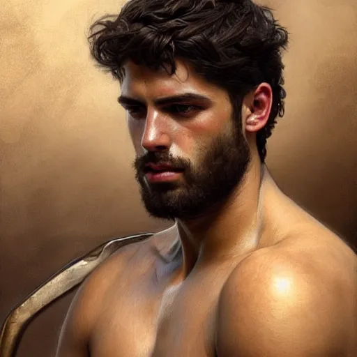 Image similar to very very very epic portrait of the greek man patroclus and his friend achilles, soft hair, muscular, half body, leather, hairy, d & d, fantasy, intricate, elegant, highly detailed, digital painting, artstation, concept art, smooth, sharp focus, illustration, art by artgerm and greg rutkowski and alphonse mucha