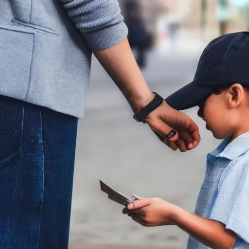 Image similar to a child exchanging a ticket for a coin from an adult, photorealistic