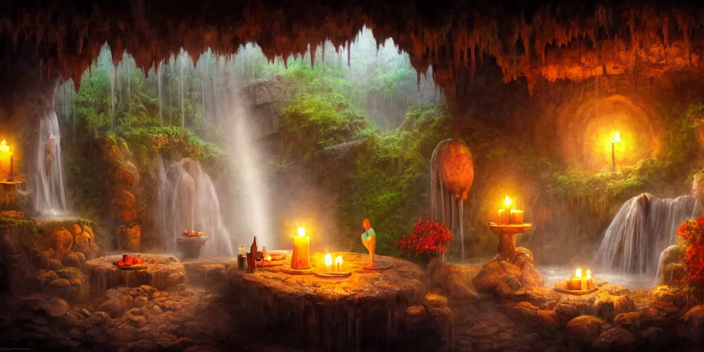 Image similar to detailed interior of cozy hotsprings hidden inside a cave, small waterfalls, lush vegetation, flowers, towels, plates of fruit, candlelight, digital painting, concept art, light shafts, stunning atmosphere, by gerald brom, cinematic lighting