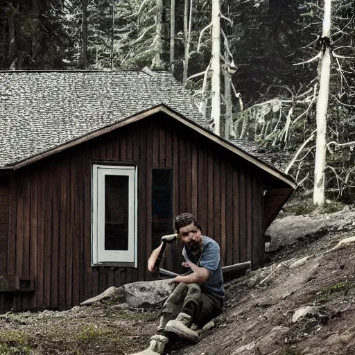 Prompt: shia labeouf in a cabin siting down, sharping an axe at a grind stone, dark interior, horror movie, far away, outside is forest, light out side shinning into window