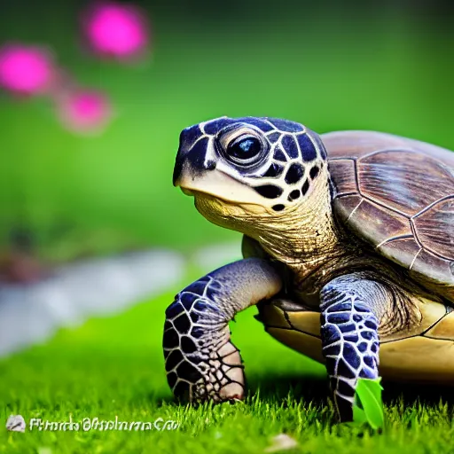 Image similar to a picture of a turtle in love with a flower, vivid colours, depth of field, 50mm