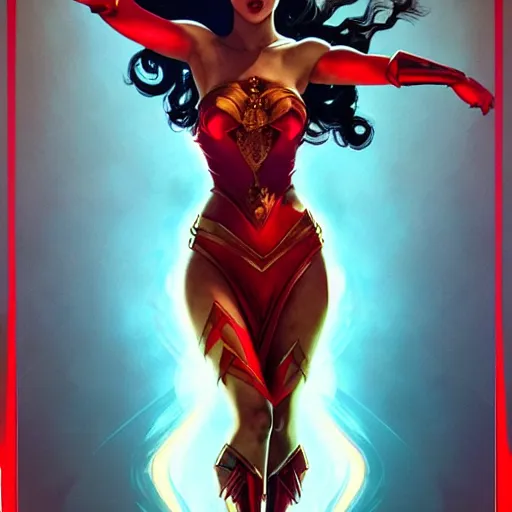 Image similar to catriona gray as darna, volumetric lights, red and cyan theme, art nouveau botanicals, intricate, highly detailed, digital painting, artstation, concept art, smooth, sharp focus, cinematic, illustration, beautiful face, art by artgerm and greg rutkowski and alphonse mucha