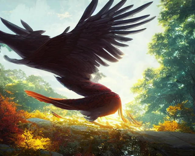 Prompt: a phoenix with two wings flying though a forest, wide, trees, streams, matte painting, digital illustration, very vibrant colors, soft lighting, adventurous, atmospheric lighting, 8K, octane render. By Makoto Shinkai, Stanley Artgerm Lau, WLOP, Rossdraws, James Jean, Andrei Riabovitchev, Marc Simonetti, krenz cushart, Sakimichan, D&D trending on ArtStation, digital art.