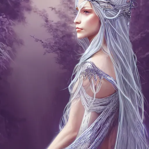 Image similar to an elven woman with long, silver hair cascading down her back. she has delicate, angular features and piercing blue eyes. she's clad in a flowing white dress with intricate silver embroidery, dynamic lighting, photorealistic fantasy concept art, trending on art station, stunning visuals, creative cinematic, ultra detailed