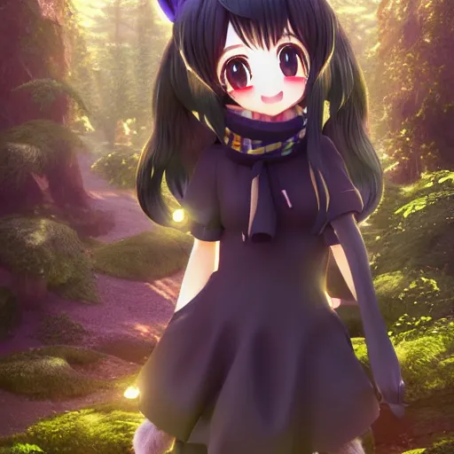 Prompt: render of a very cute joyful 3d anime girl, fluffy tail, wearing fluffy black scarf, long dress, black long curly hair, watery eyes, cat ears, in the magical forest, medium shot, mid-shot, highly detailed, trending on Artstation, Unreal Engine 4k