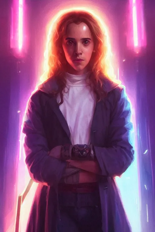 Image similar to portrait of Hermione Granger in cyberpunk, neon lighting, digital art from artstation by Ruan Jia and Mandy Jurgens and Artgerm and william-adolphe bouguereau and Greg Rutkowski and Wayne Barlowe