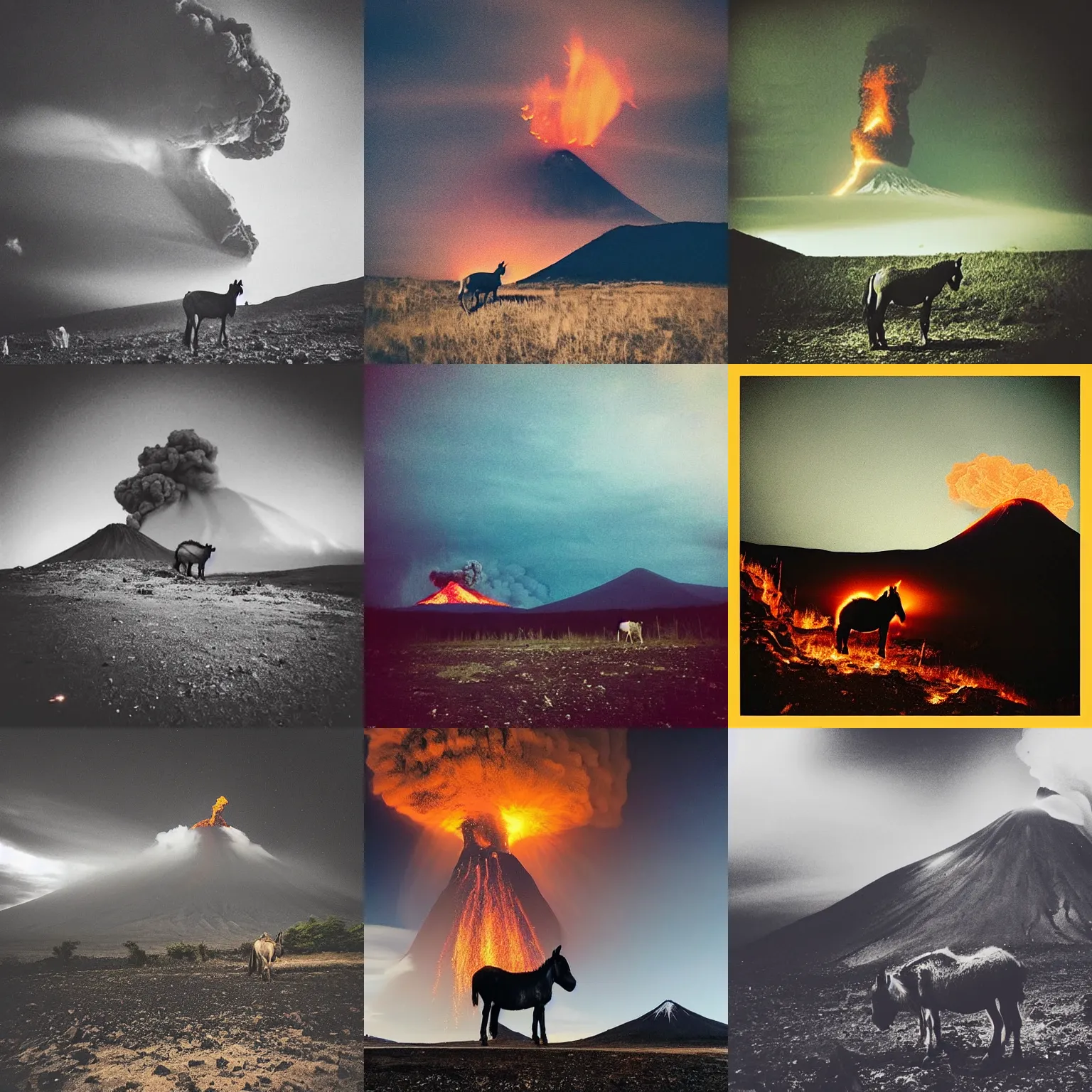 Prompt: “a volcano 🌋 exploding at night time. The sky is dark and full of smoke. A donkey stands in the foreground.”