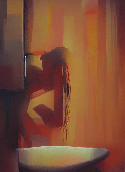 Prompt: a beautiful glitched painting by christian hook and alex kanevsky of a woman in a bathroom, still life, warm colors