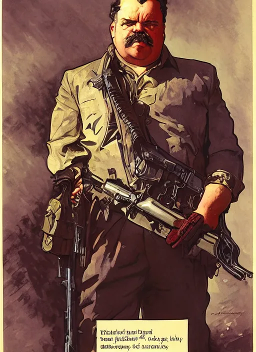 Image similar to gk chesterton as a mercenary with muscles and a shotgun. portrait by james gurney and craig mullins and alphonso mucha. realistic face. expressive face.