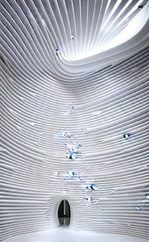 Image similar to xinming parametric architecture, interior design, tall wide room with kitchen and livingroom, futuristic pavilion, surreal, all white, luxurious, spiral 3 d printed walls, scale figures, 8 k rendering, insanely detailed, white building, curves, zaha hadid, vincent callebaut